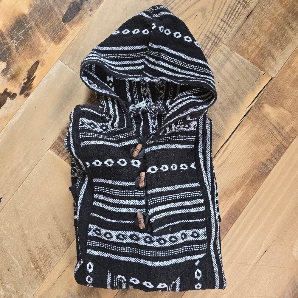 Black and White Gheri Cotton Baja Pullover Hoodie Size Large - Picture 7 of 7